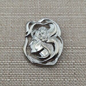 Silver Tone Large Womans Profile Flower Pin Brooch B552